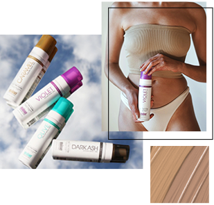Collage of Color Correcting Tans and woman holding Violet Self Tan Foam