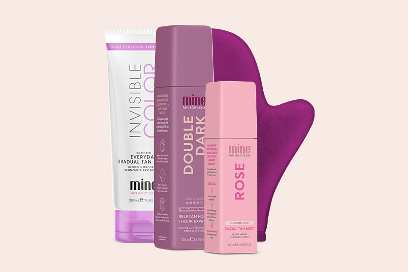 Mine Deluxe Bundle (includes Double Dark Self Tan Foam, Rose Illuminating Facial Tan Mist, Invisible Color, and an application mitt)